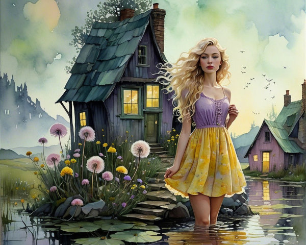 Whimsical Scene of Woman in Water with Cottage Background