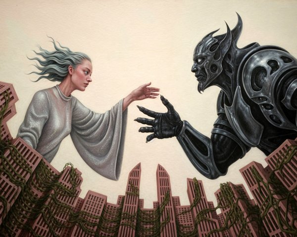 Surreal Dystopian Scene of Connection and Conflict