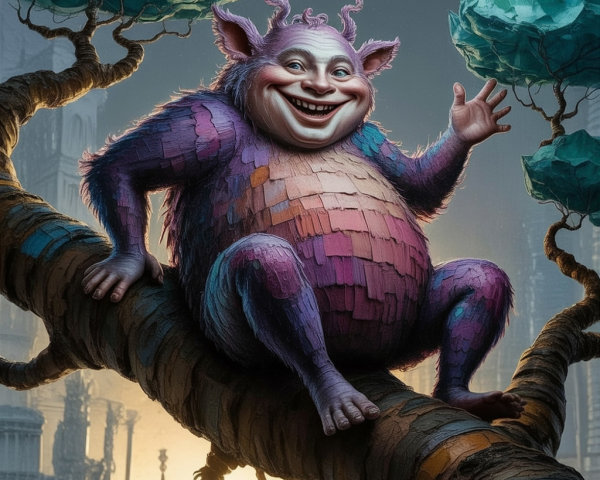 Purple Fluffy Creature on Tree Branch at Dusk