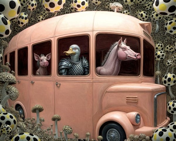 Whimsical Scene with Pink Bus and Armored Animals