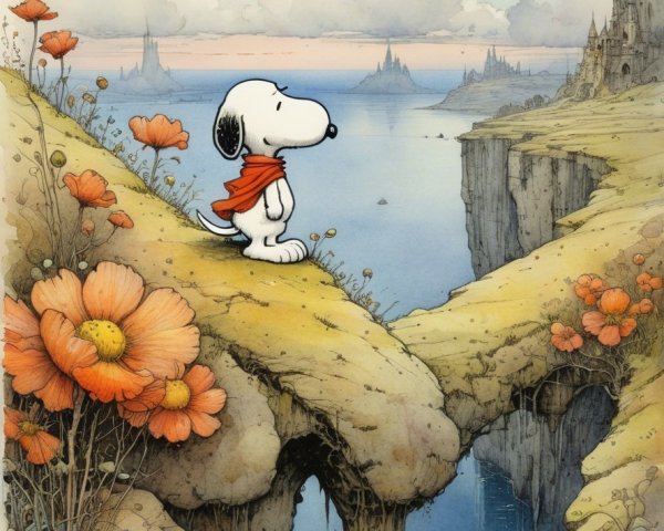 Whimsical Landscape with Dog and Surreal Castles