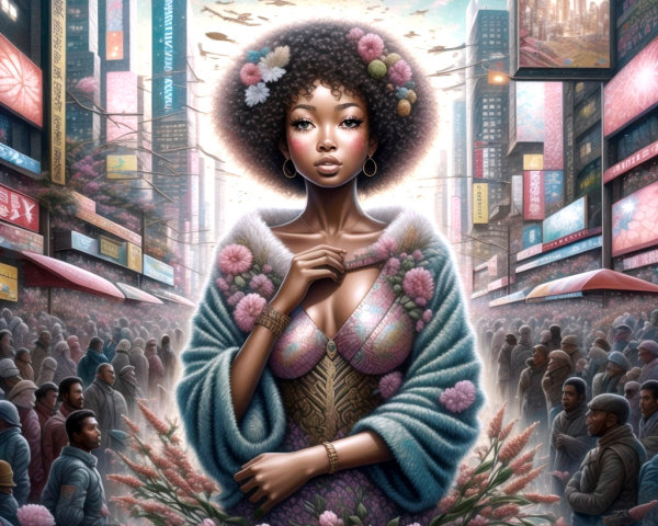 Futuristic cityscape with a confident woman in flowers
