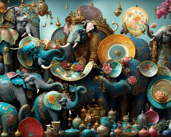 Colorful Elephants with Ornate Patterns and Porcelain Dishes
