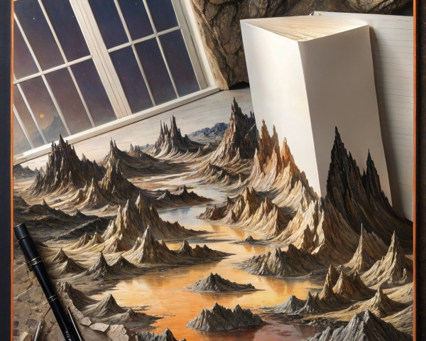 3D Artwork of Surreal Landscape with Art Supplies