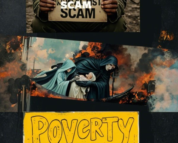 Three-panel depiction of poverty and capitalism themes