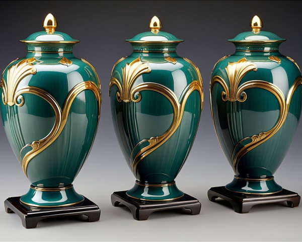 Elegant Teal Ceramic Vases with Gold Leaf Detailing