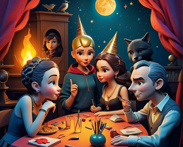 Animated Characters in a Cozy Moonlit Room