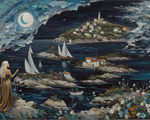Serene Night Scene of Woman by Moonlit Shore