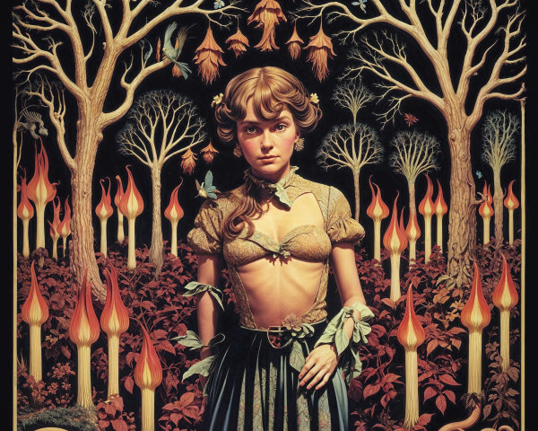 Mystical Forest Scene with Glowing Flowers and Butterflies