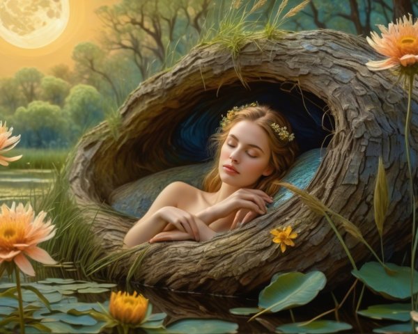 Young Woman Resting in a Hollow Tree by Water