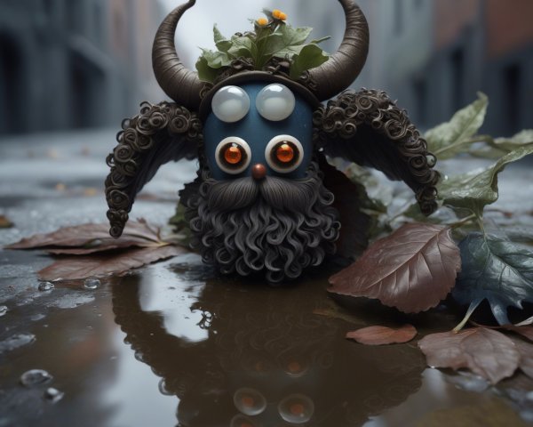 Claymation Creature with Horns and Foliage Reflection