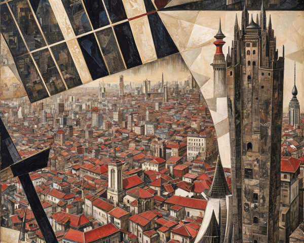 Stylized cityscape with towers and geometric patterns