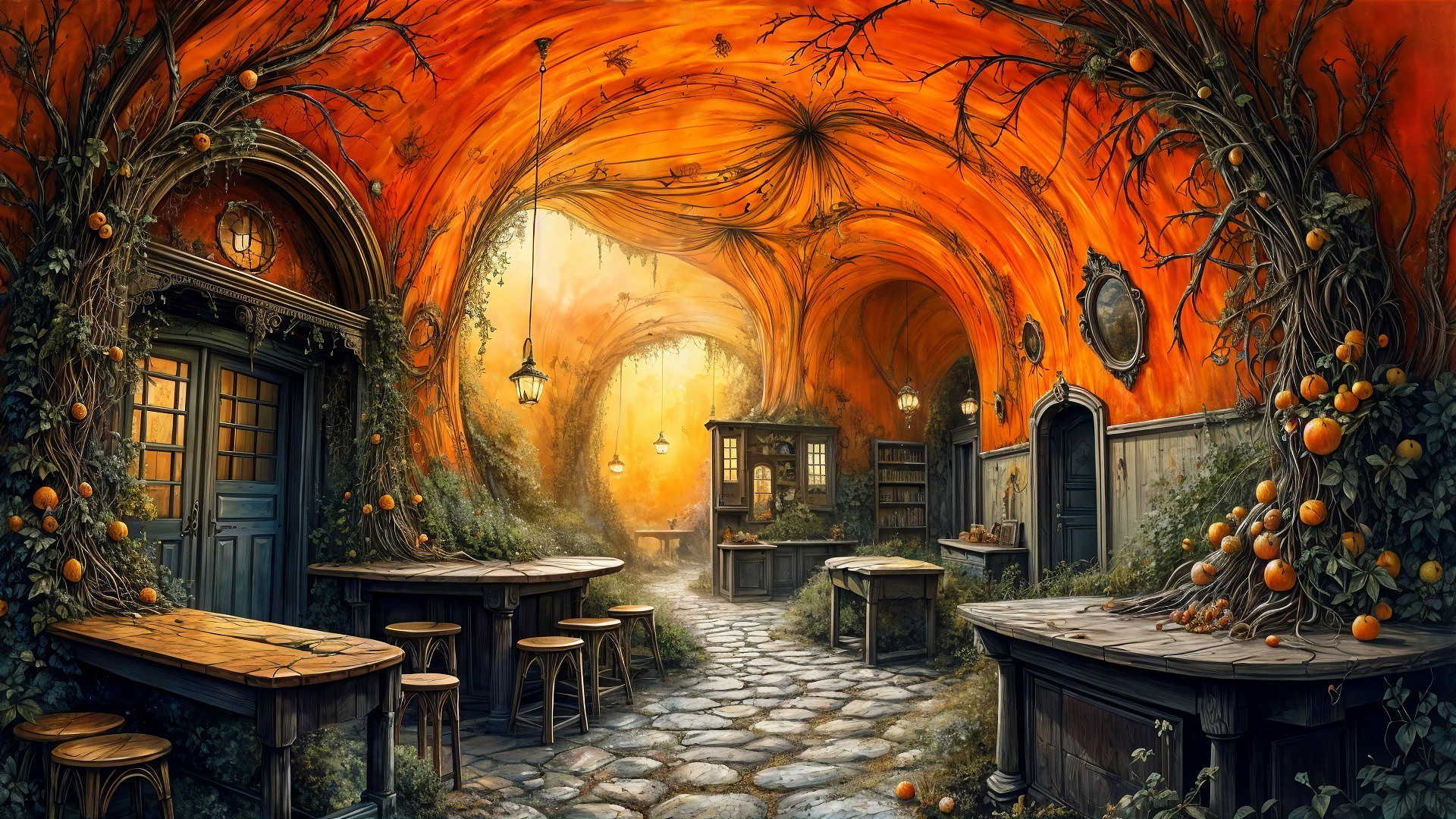 Whimsical Interior with Orange Walls and Lanterns