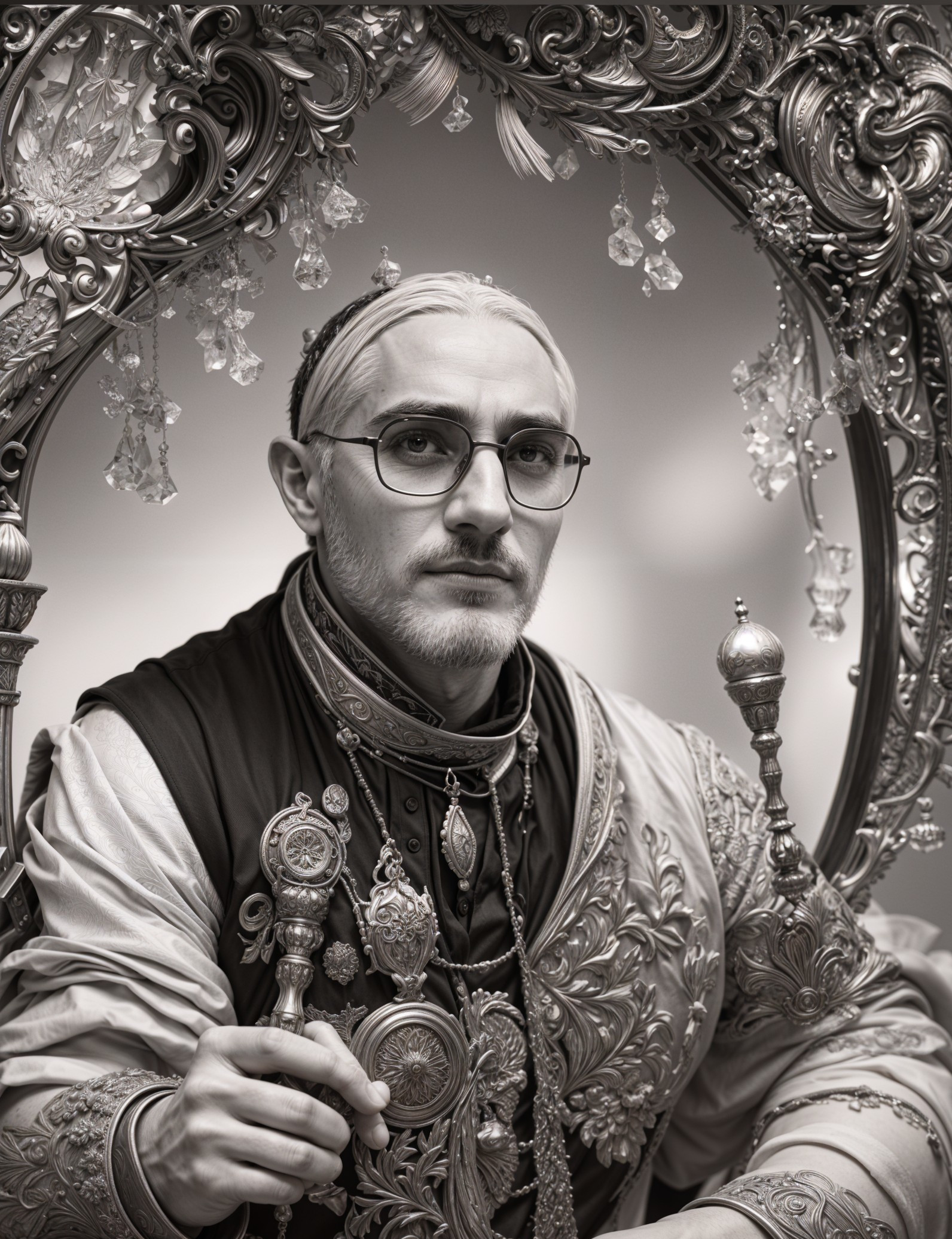 Regal Figure in Elaborate Attire with Opulent Frame