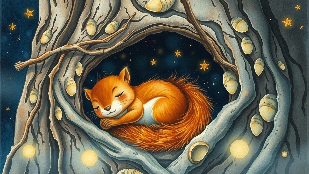 Sleeping Squirrel in Tree Hollow Under Night Sky