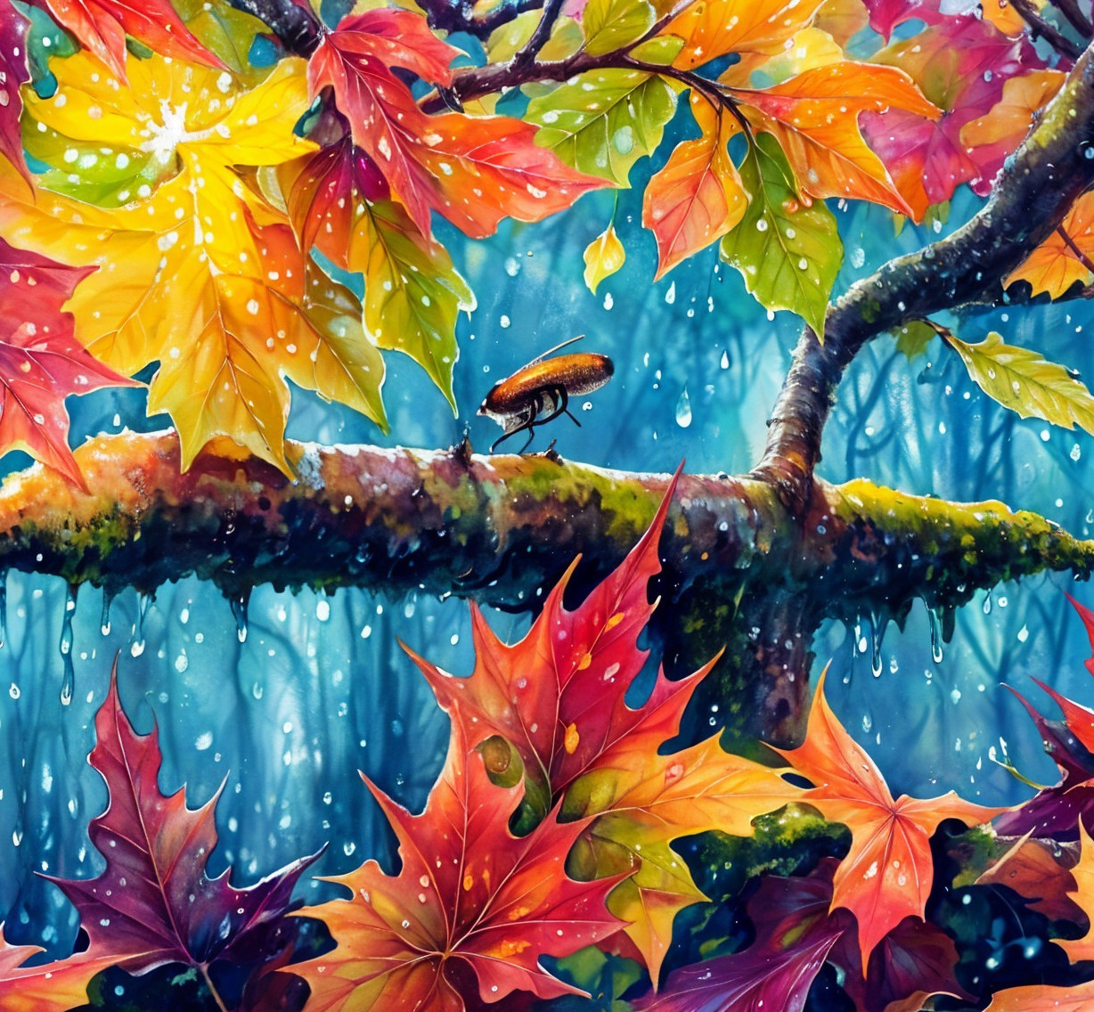 Insect on Mossy Branch Surrounded by Autumn Leaves