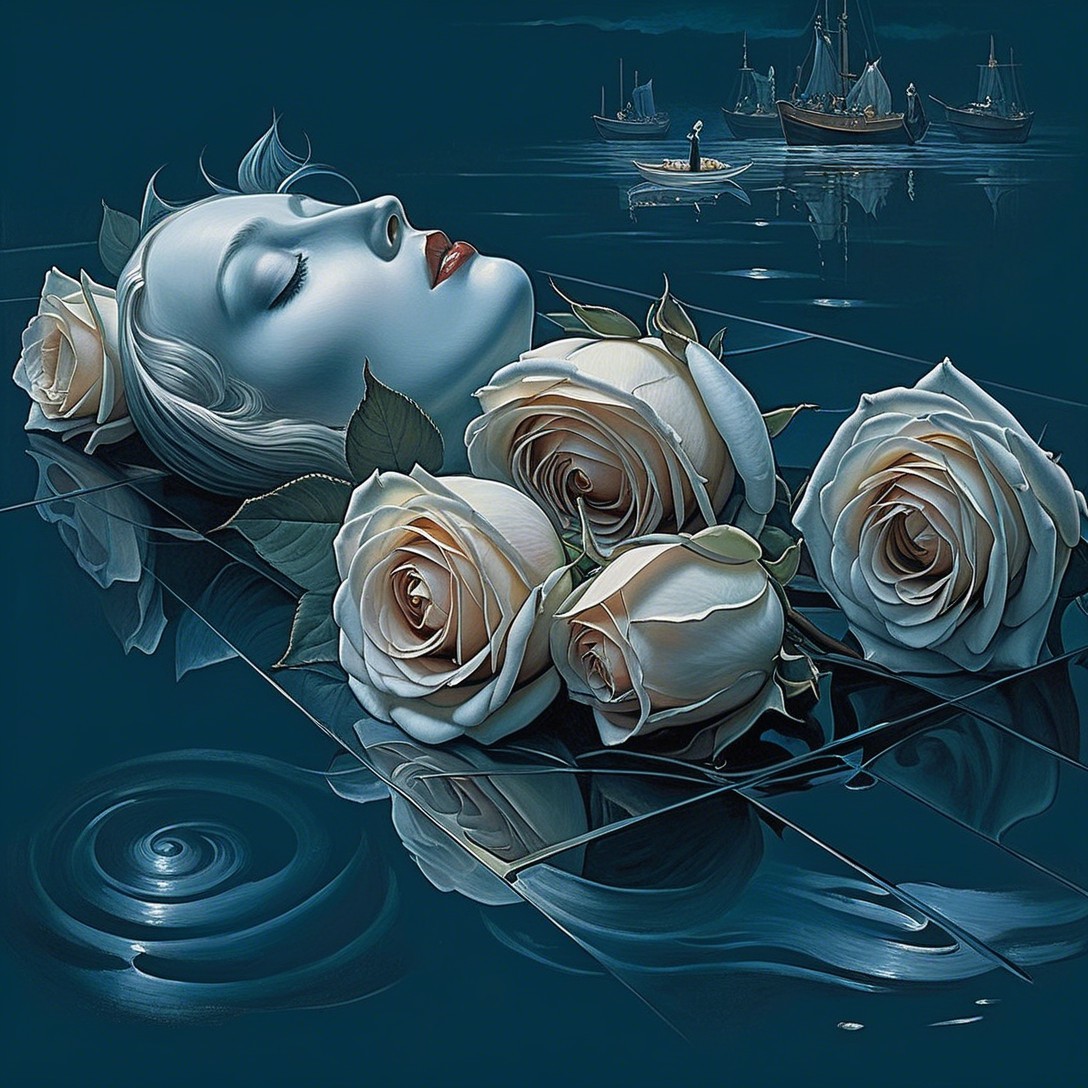 Ethereal Woman Floating on Tranquil Water Scene