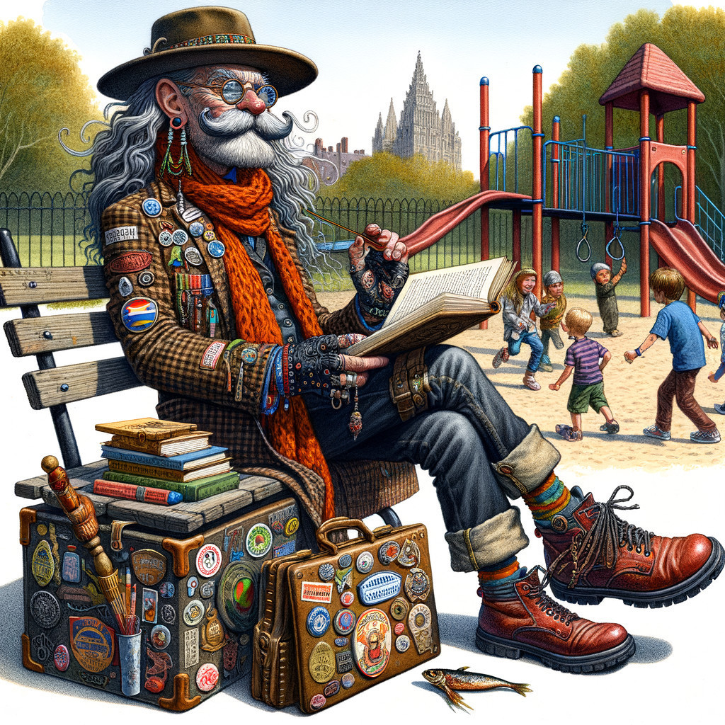 Elderly Man Reading on Park Bench with Children Playing