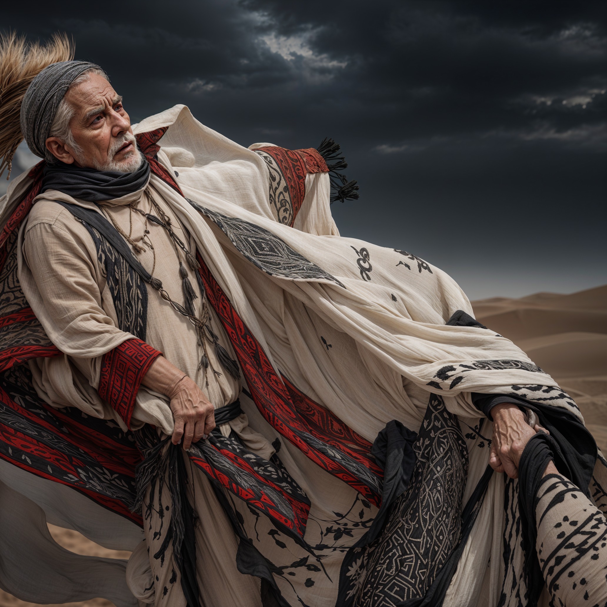 Elderly Man in Desert with Flowing Garments and Clouds