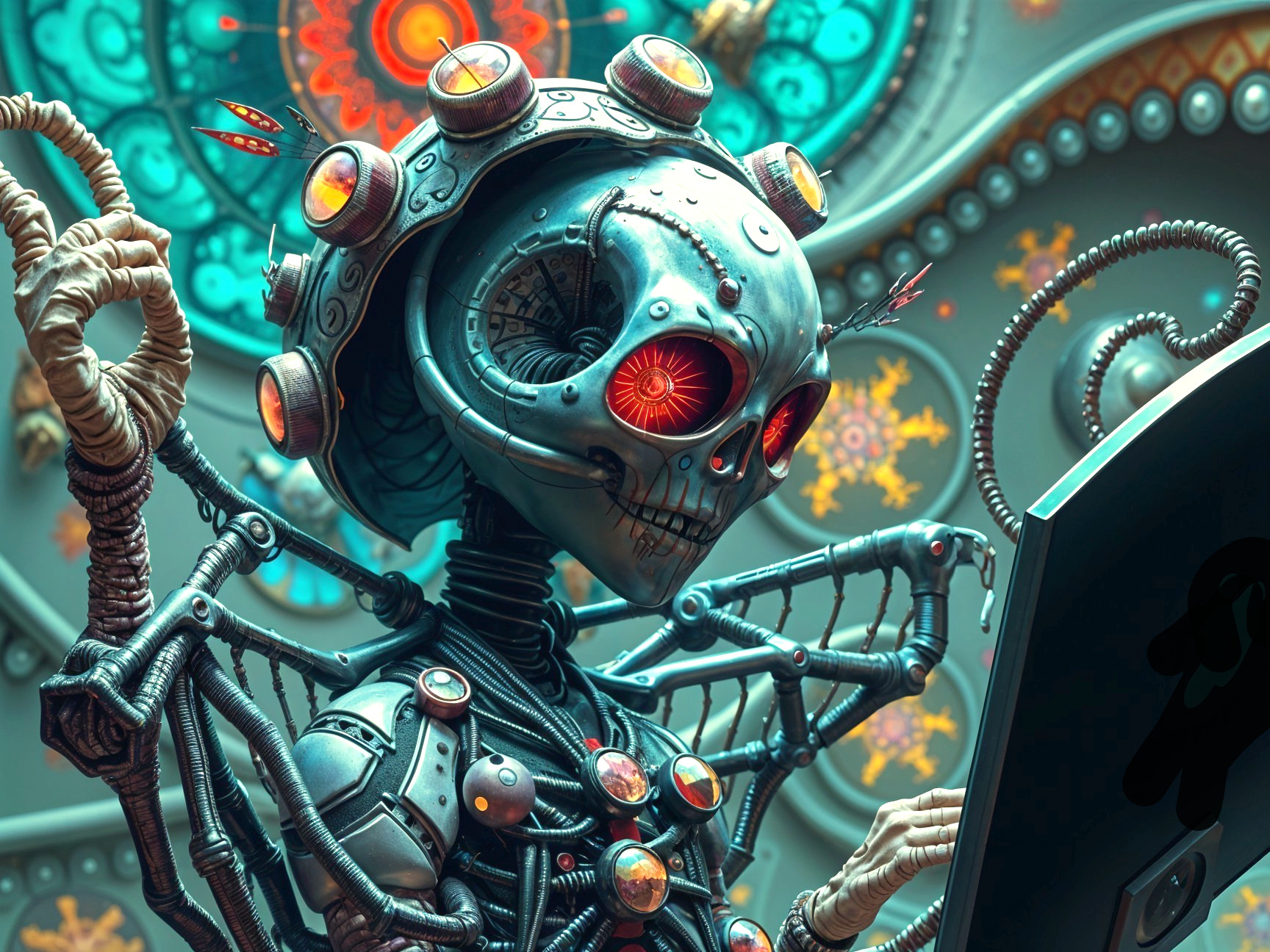 Futuristic Skeletal Figure in Surreal Sci-Fi Setting