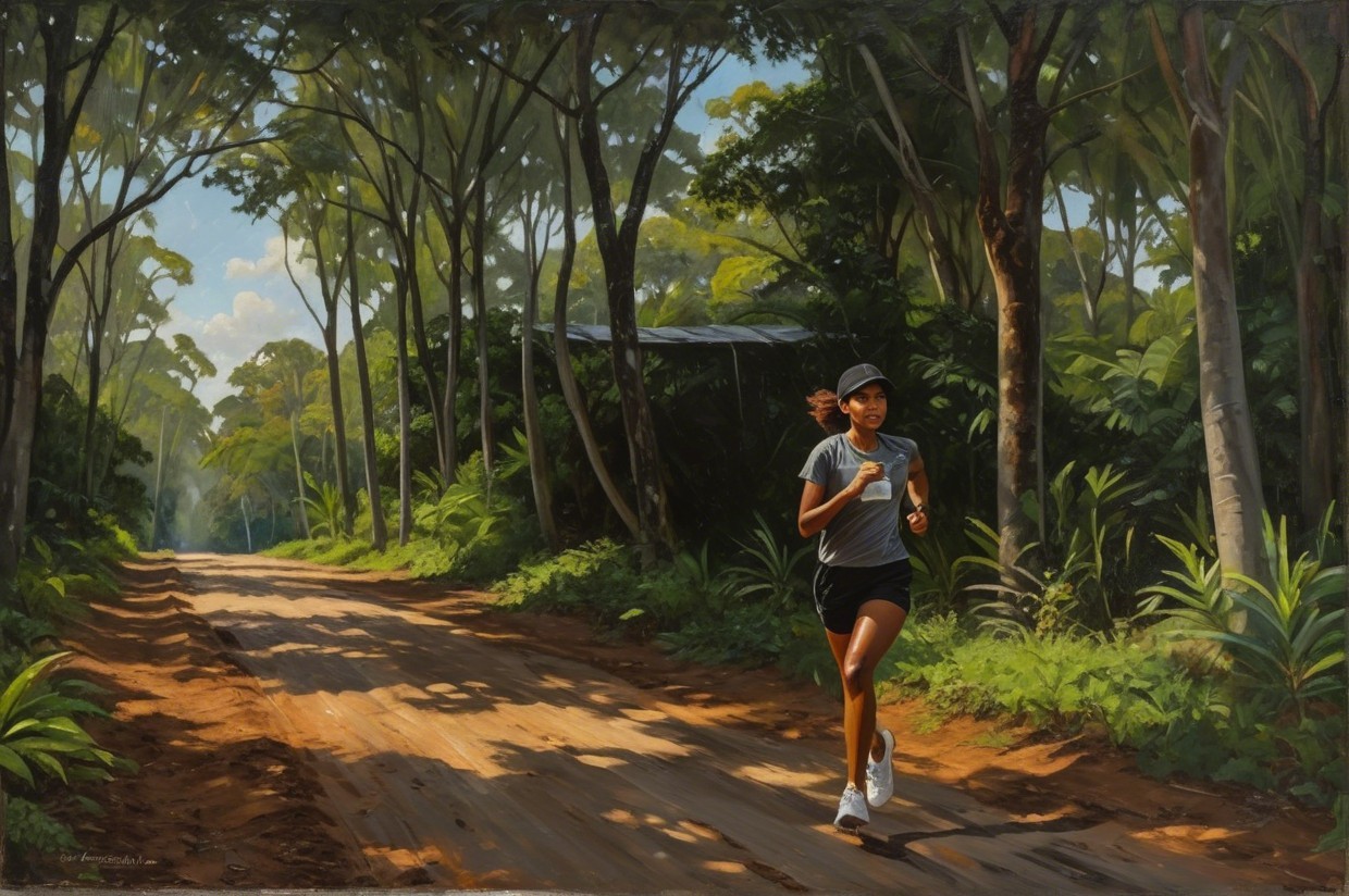 Woman jogging on a dirt path in a green forest
