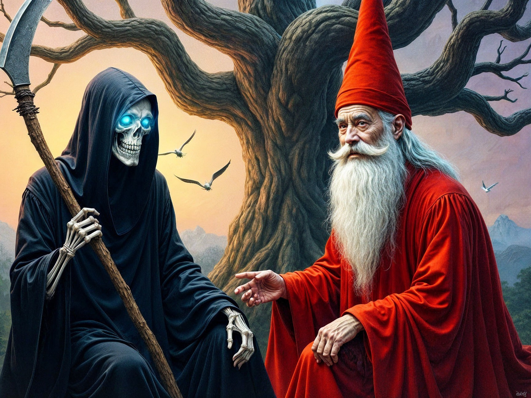 Skeletal Figure and Wizard in a Surreal Landscape
