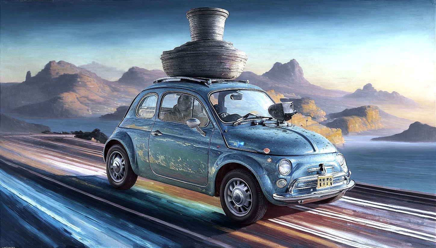 Vintage Blue Car on Scenic Road with Pottery Stack