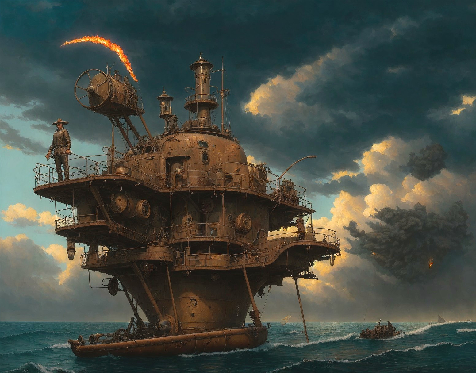 Steampunk Vessel Amidst Stormy Ocean Waves