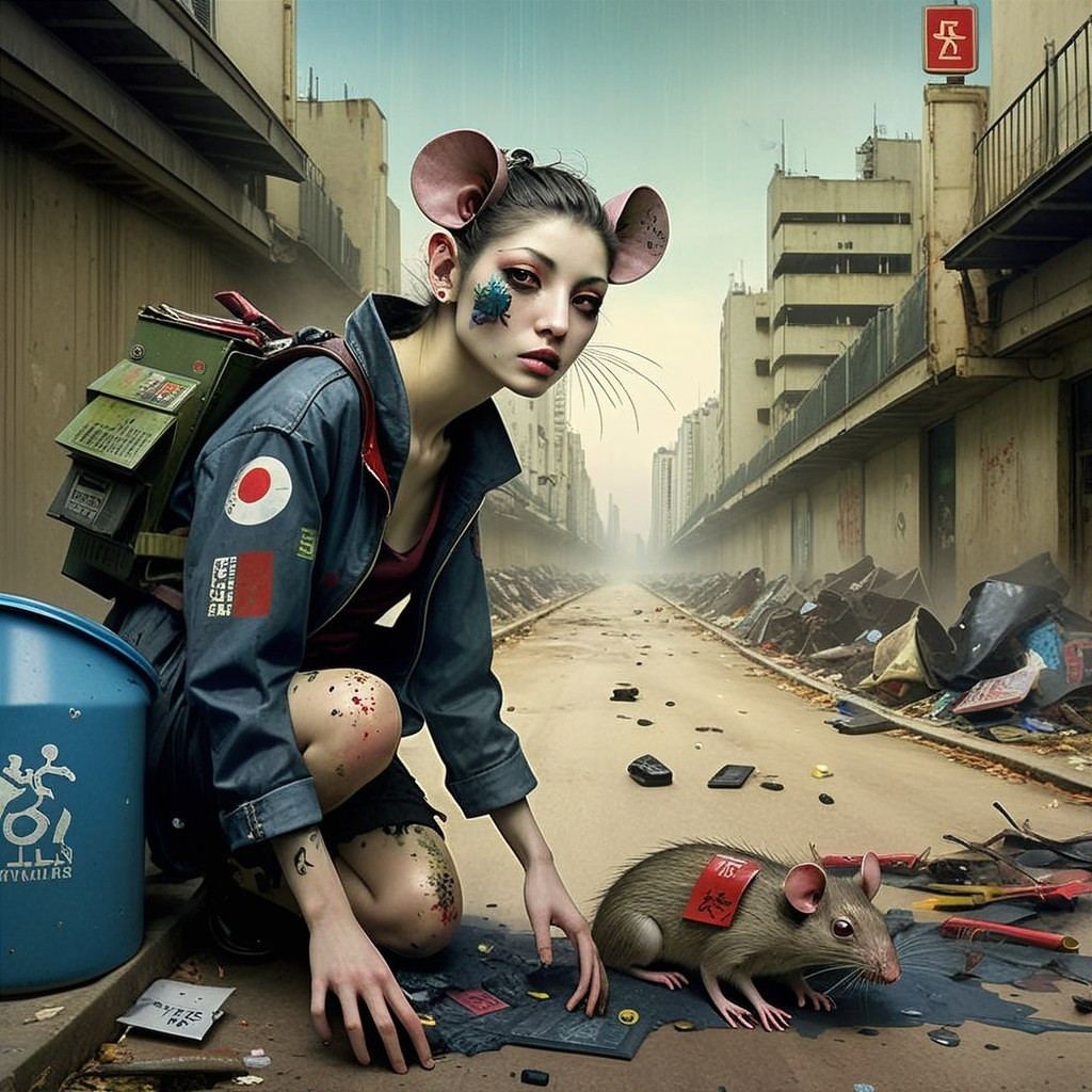 Post-Apocalyptic Urban Scene with Mouse-Like Woman