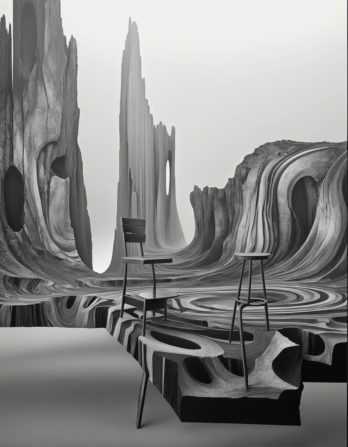 Abstract Black-and-White Landscape with Minimalist Chairs