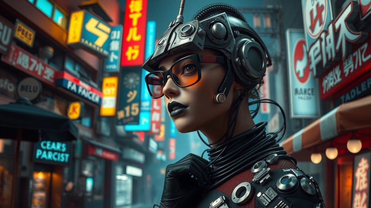 Futuristic Figure in Neon-Lit Urban Setting