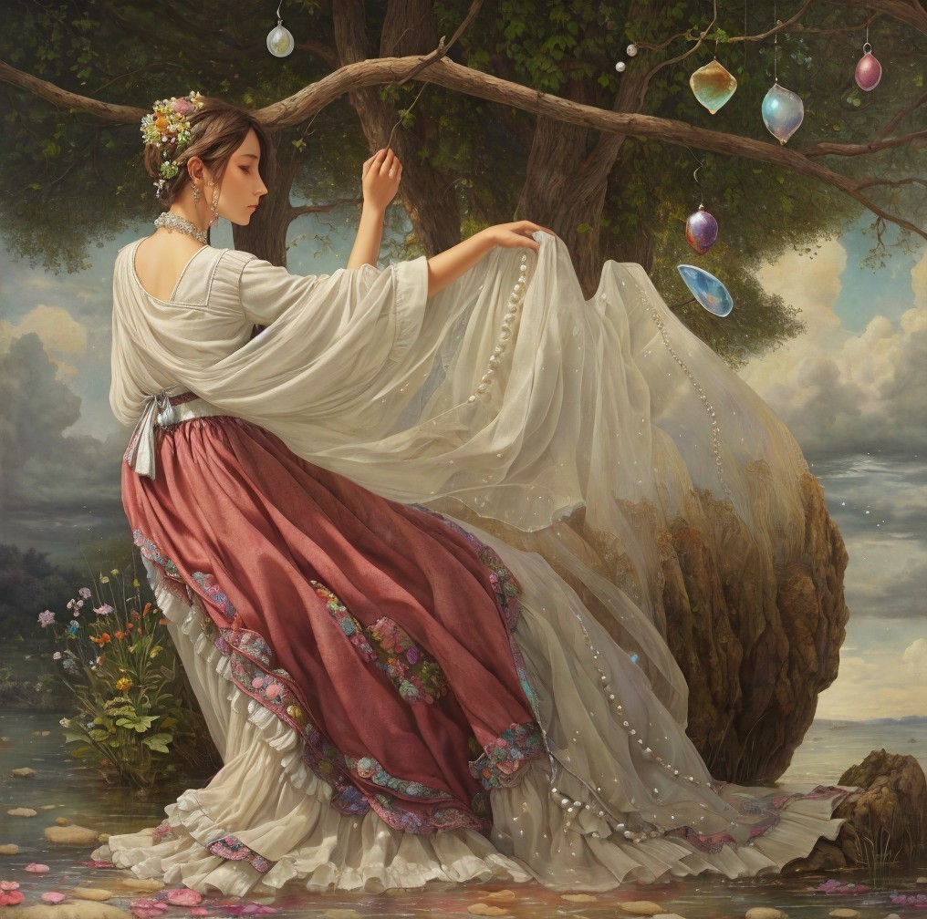 Serene Woman by Tranquil Water in Vibrant Nature