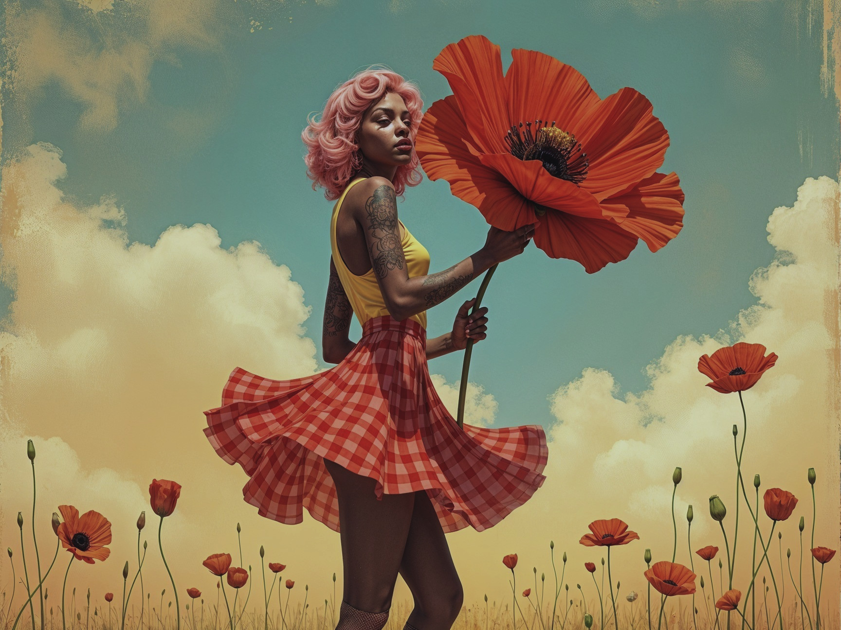 Confident Woman in Poppy Field with Bright Outfit