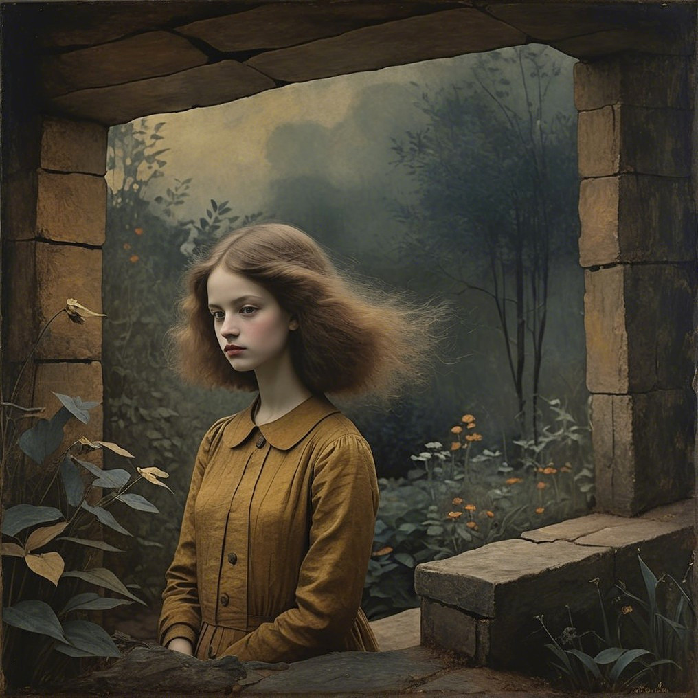 Young girl in vintage dress by ancient stone window