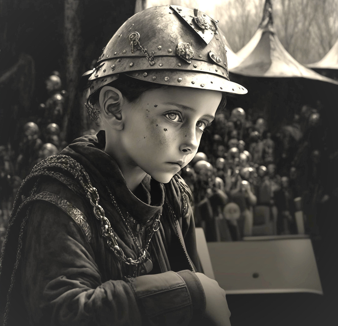 Child in vintage military helmet with serious expression