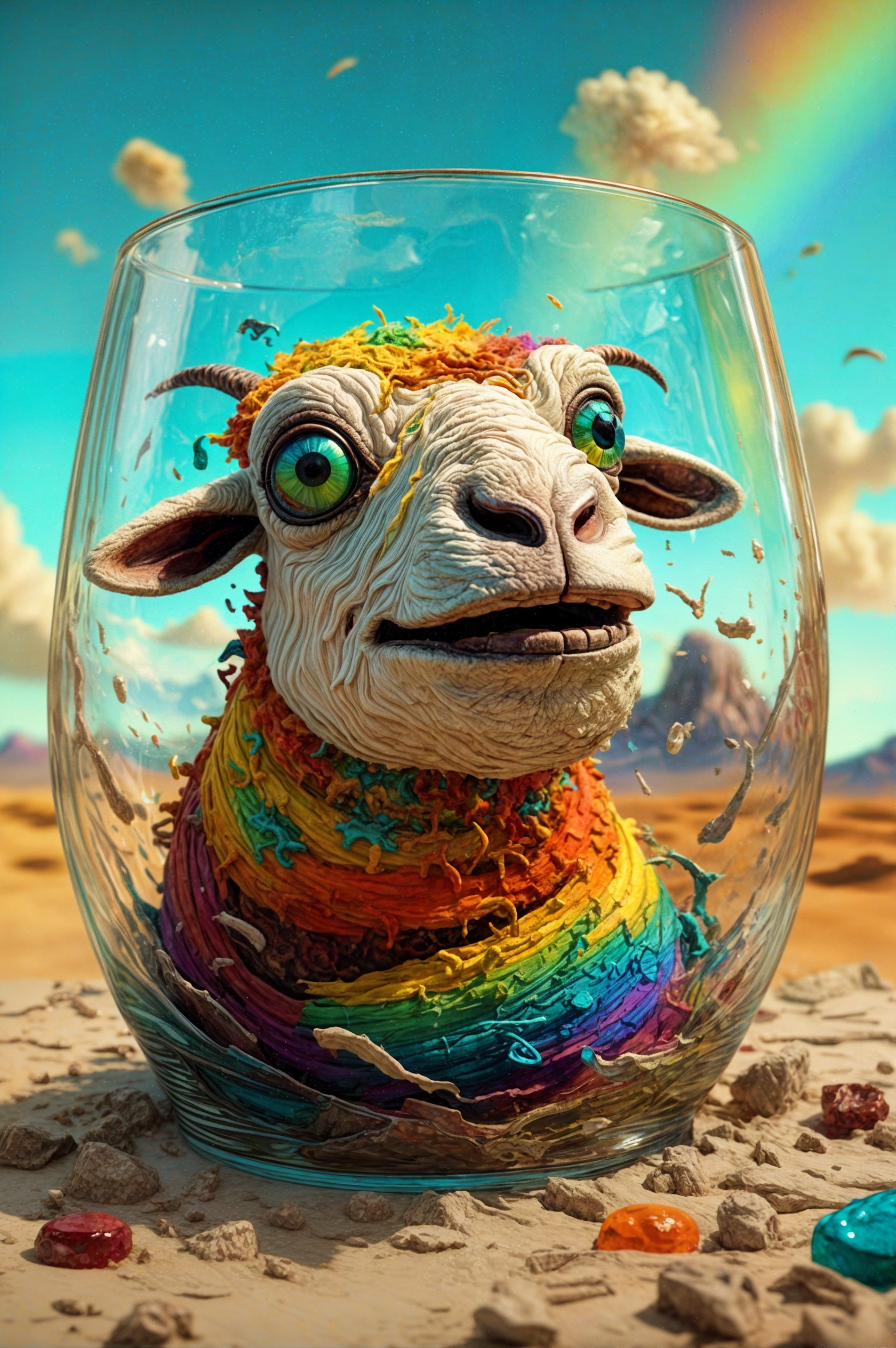 Whimsical Rainbow Sheep Sculpture in Glass Jar