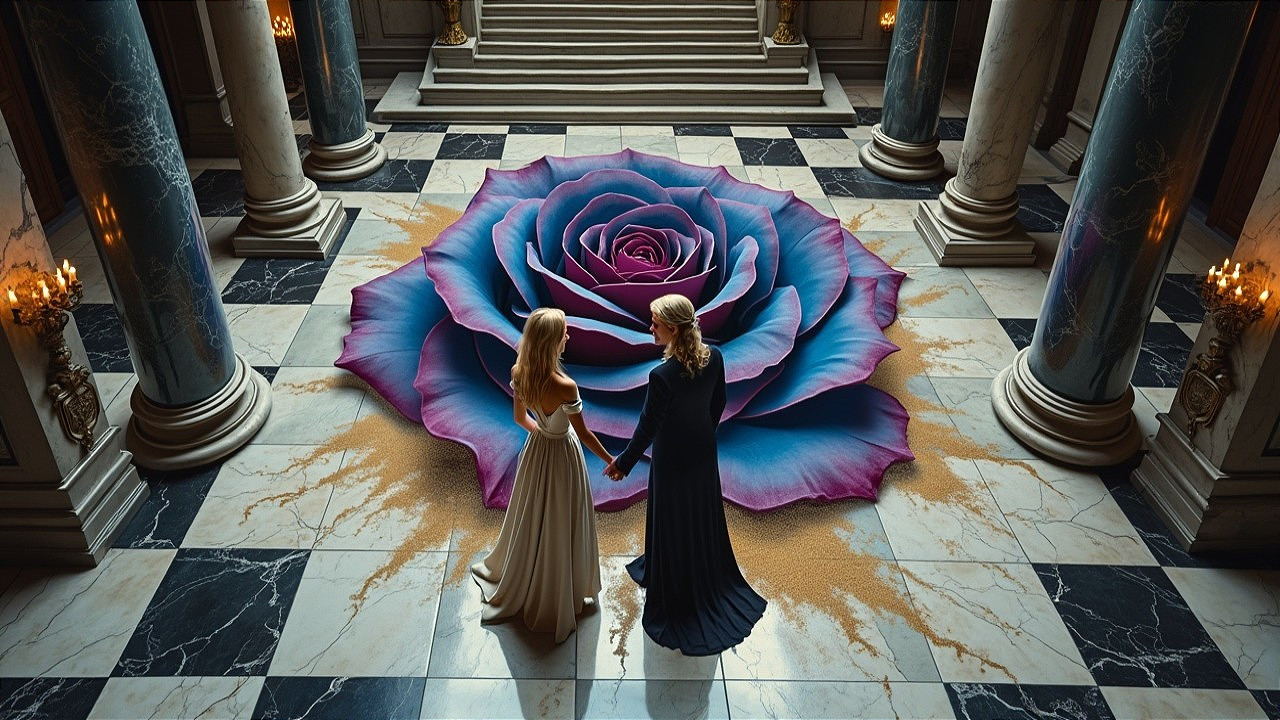 Women in Grand Hall with Vibrant Floor Rose Design