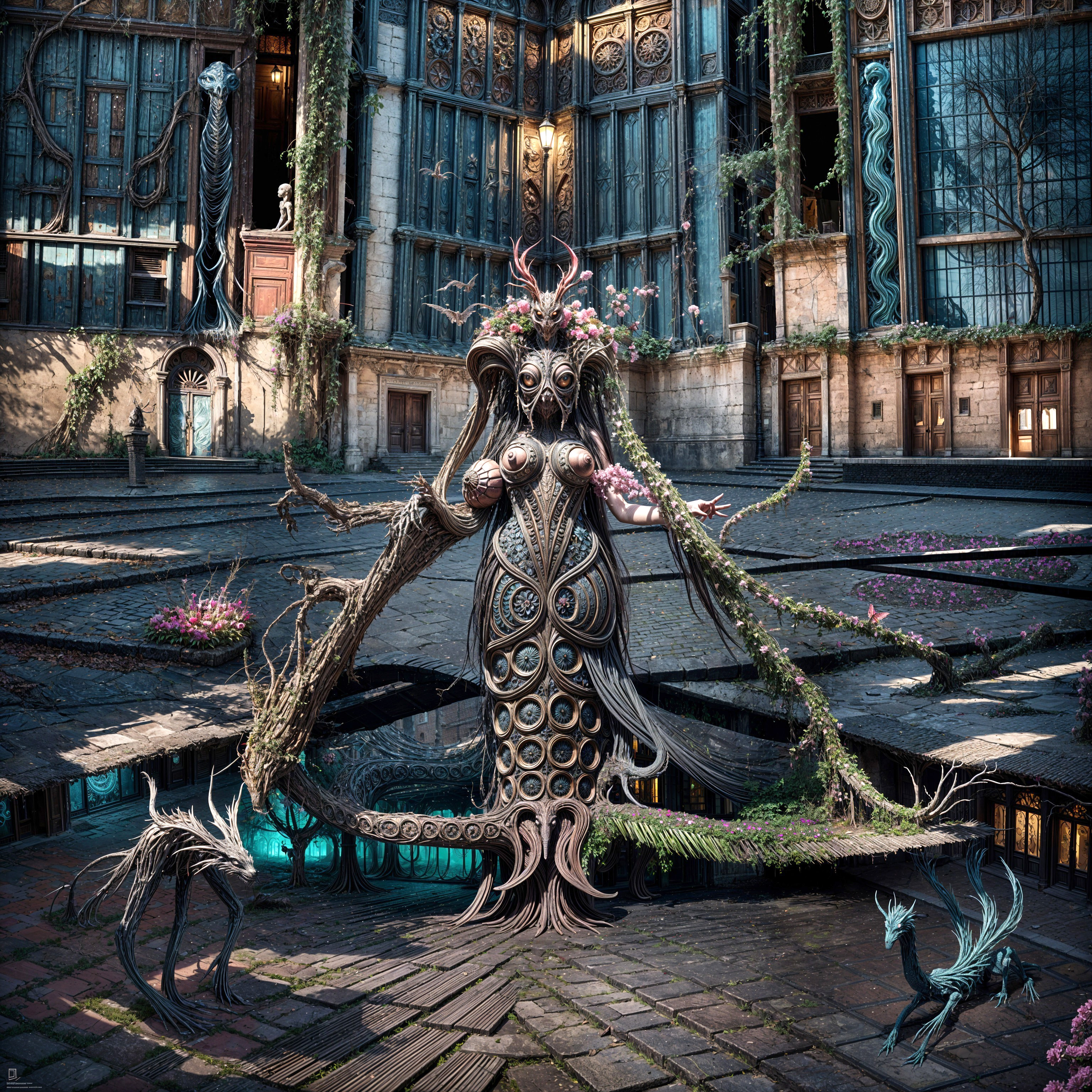 Mystical Courtyard with Towering Figure and Nature