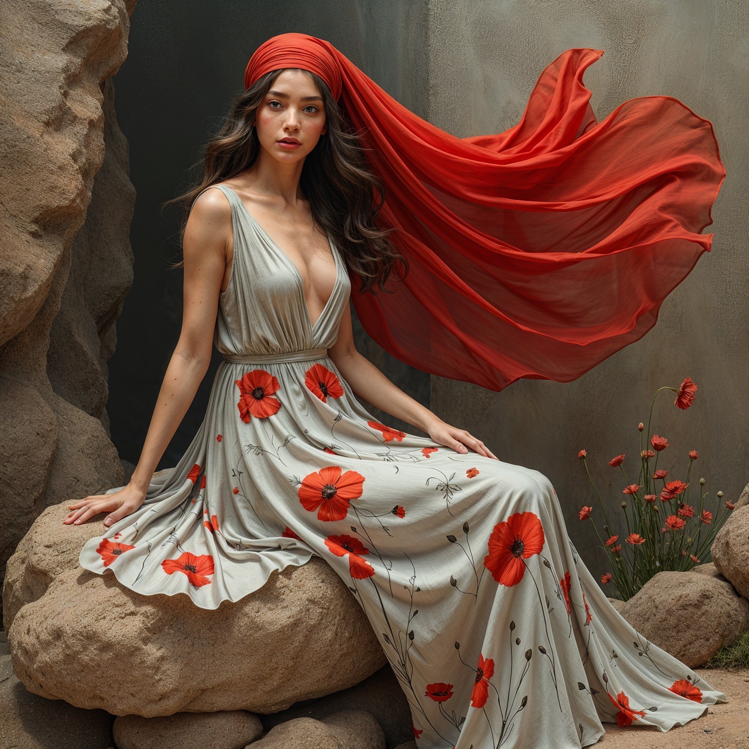 Model in Floral Dress Among Rocky Textures