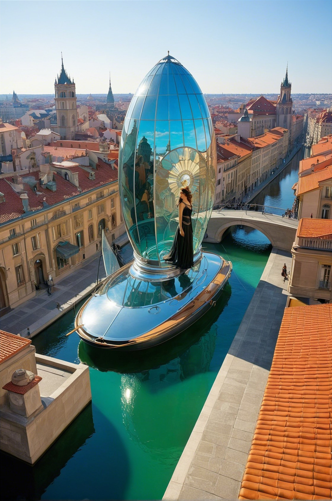Futuristic Glass Egg Structure Over Canal Scene