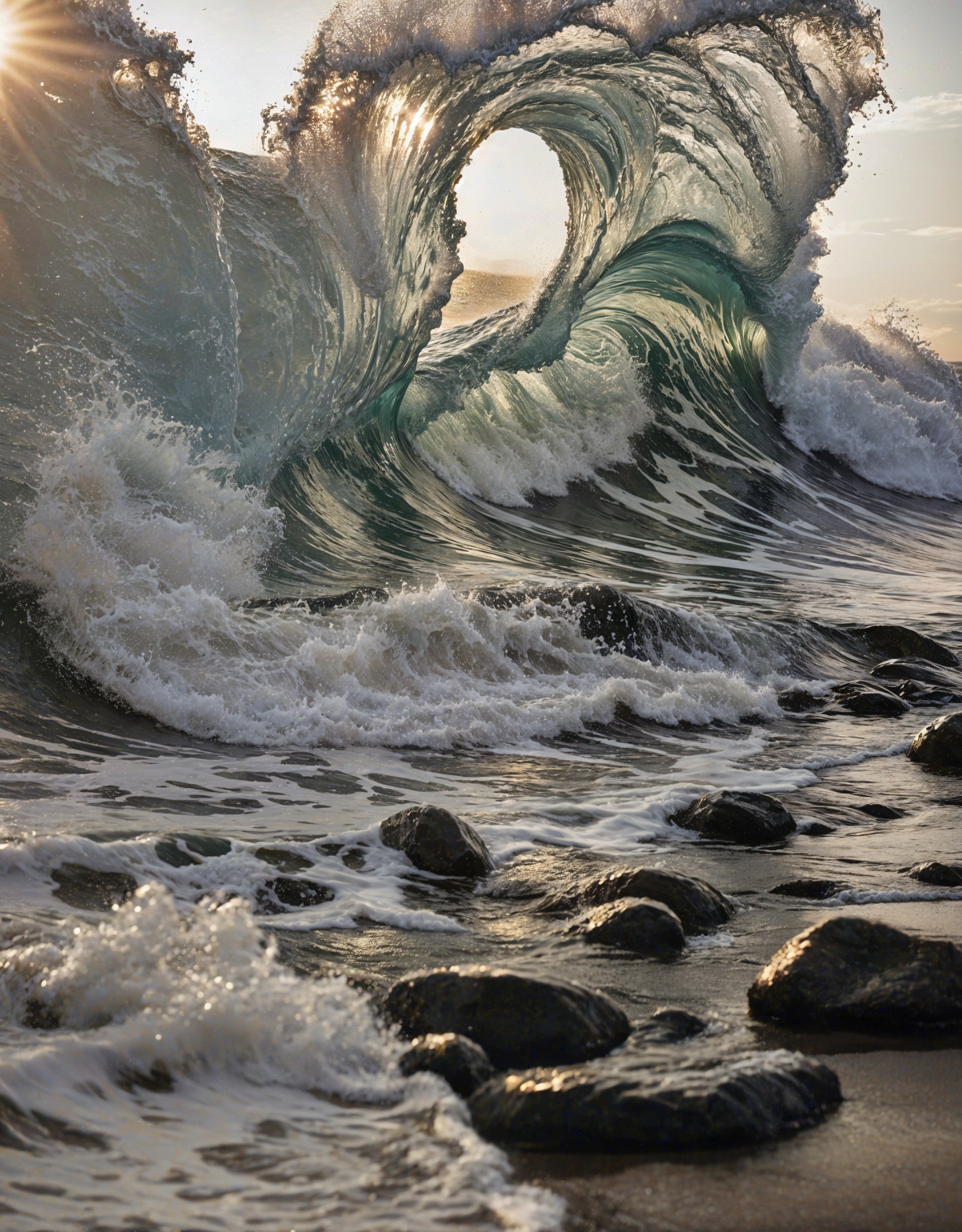 Dynamic Wave Crashing on Rocky Beach with Sunlight