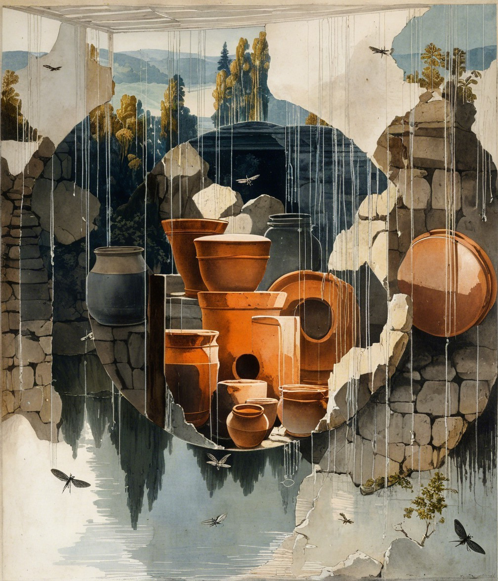 Surreal Terracotta Pots in a Crumbling Wall Scene