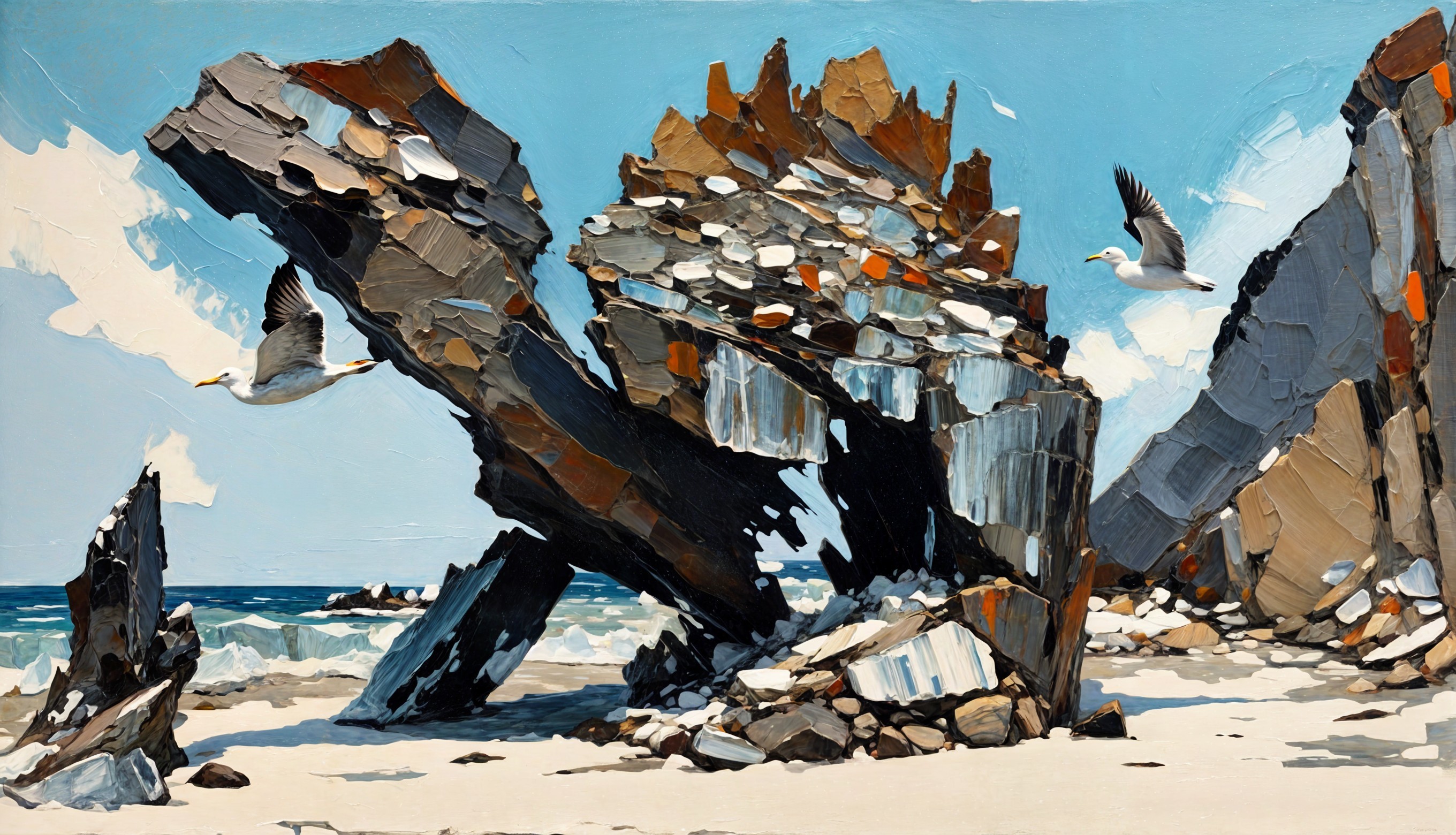 Coastal Scene with Rugged Rocks and Seagulls