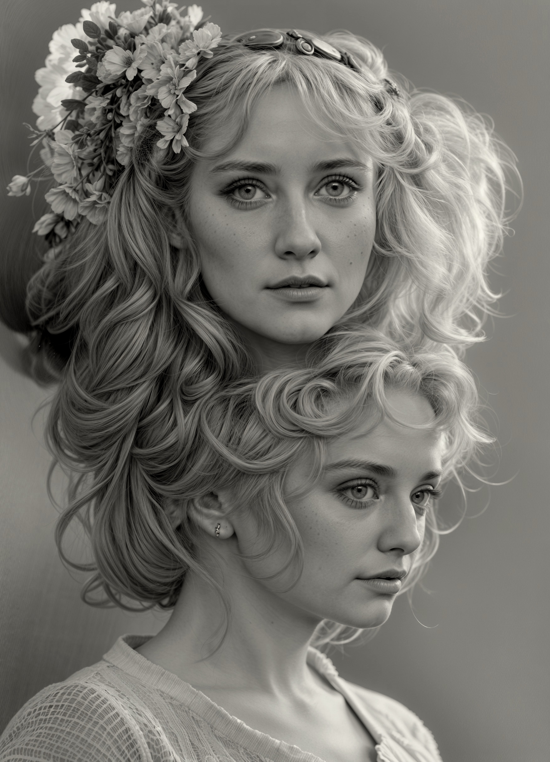 Black-and-white portrait of a woman with dual faces