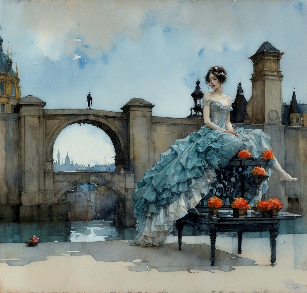 Dreamlike Scene of Woman in Blue Gown with Flowers