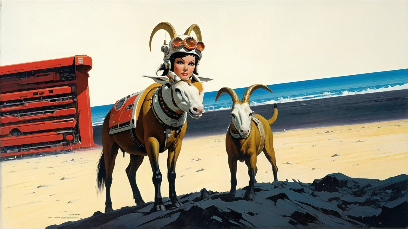 Futuristic beach scene with stylish woman and goats