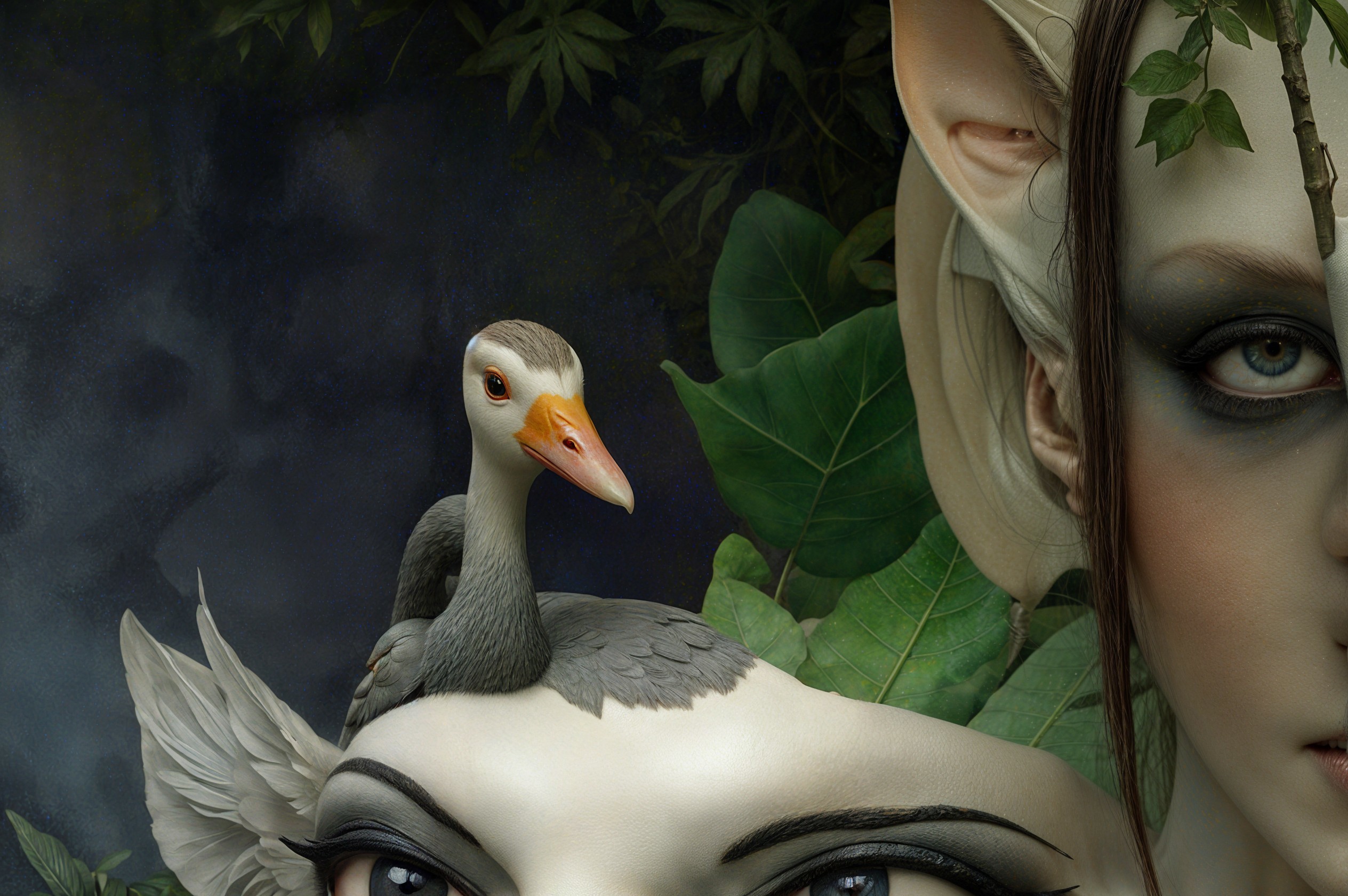 Surreal Composition of Woman's Face and Foliage