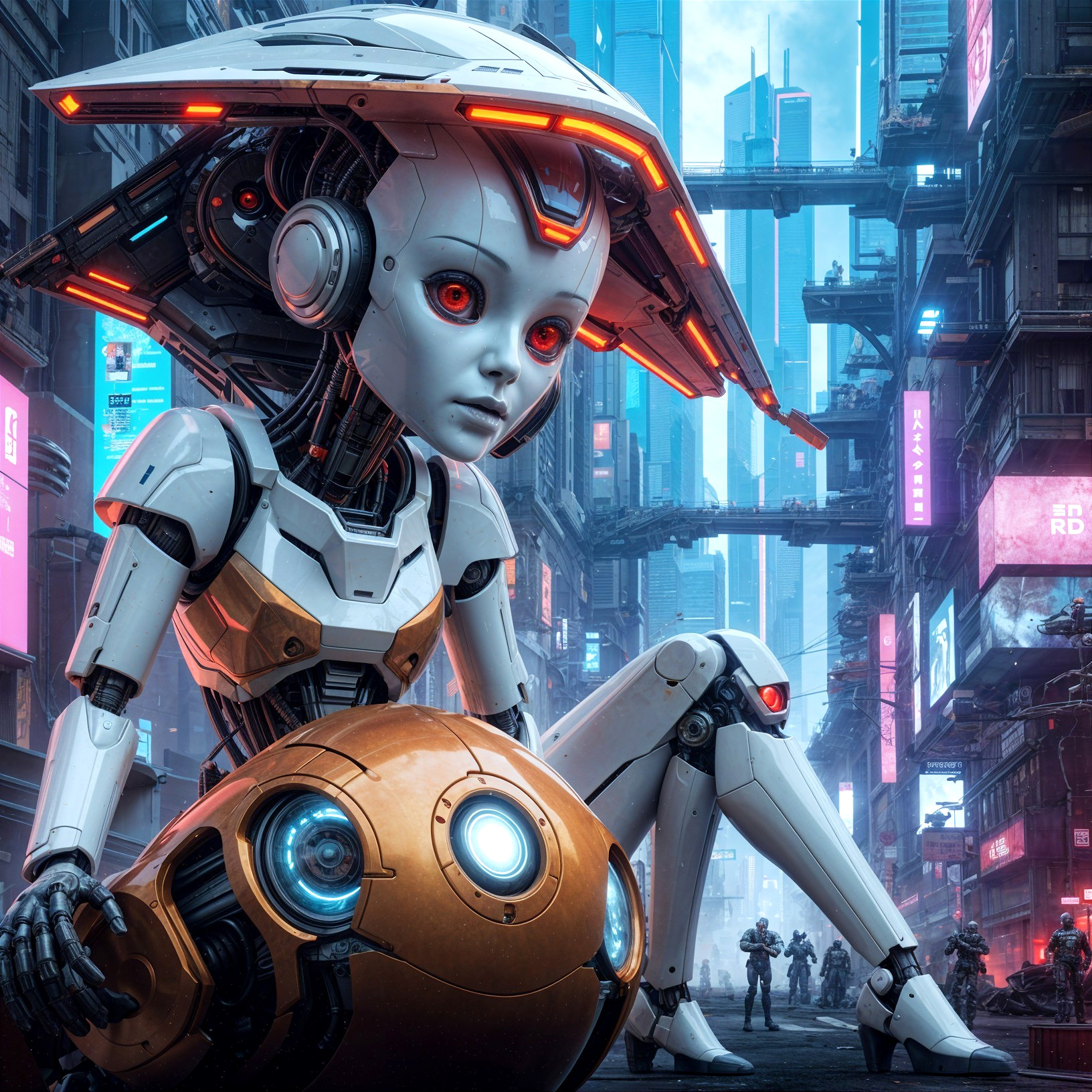 Futuristic Cityscape with Humanoid Robot and Neon Lights