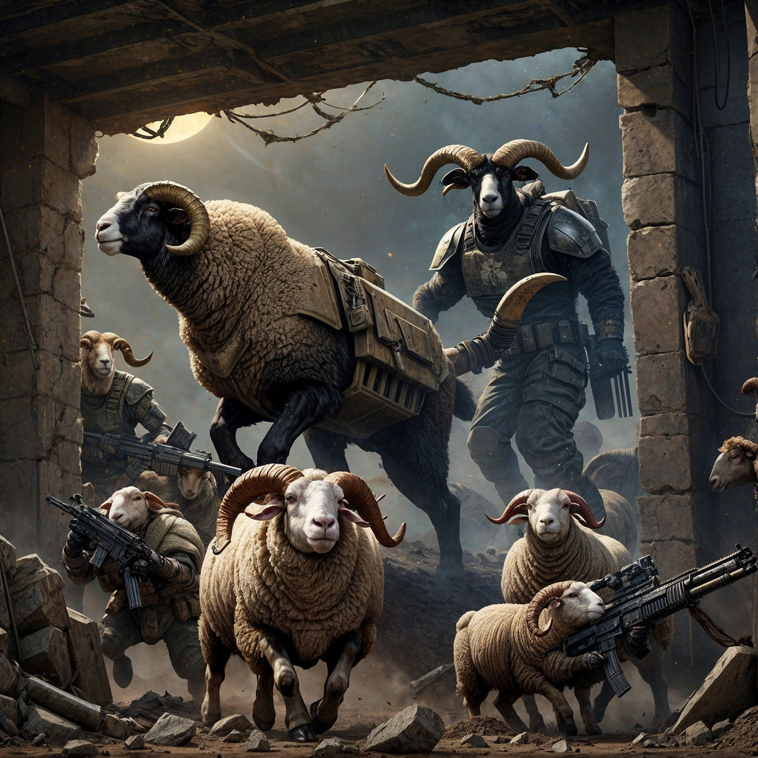 Armored Sheep in Tactical Gear Charge Through Rocky Entrance