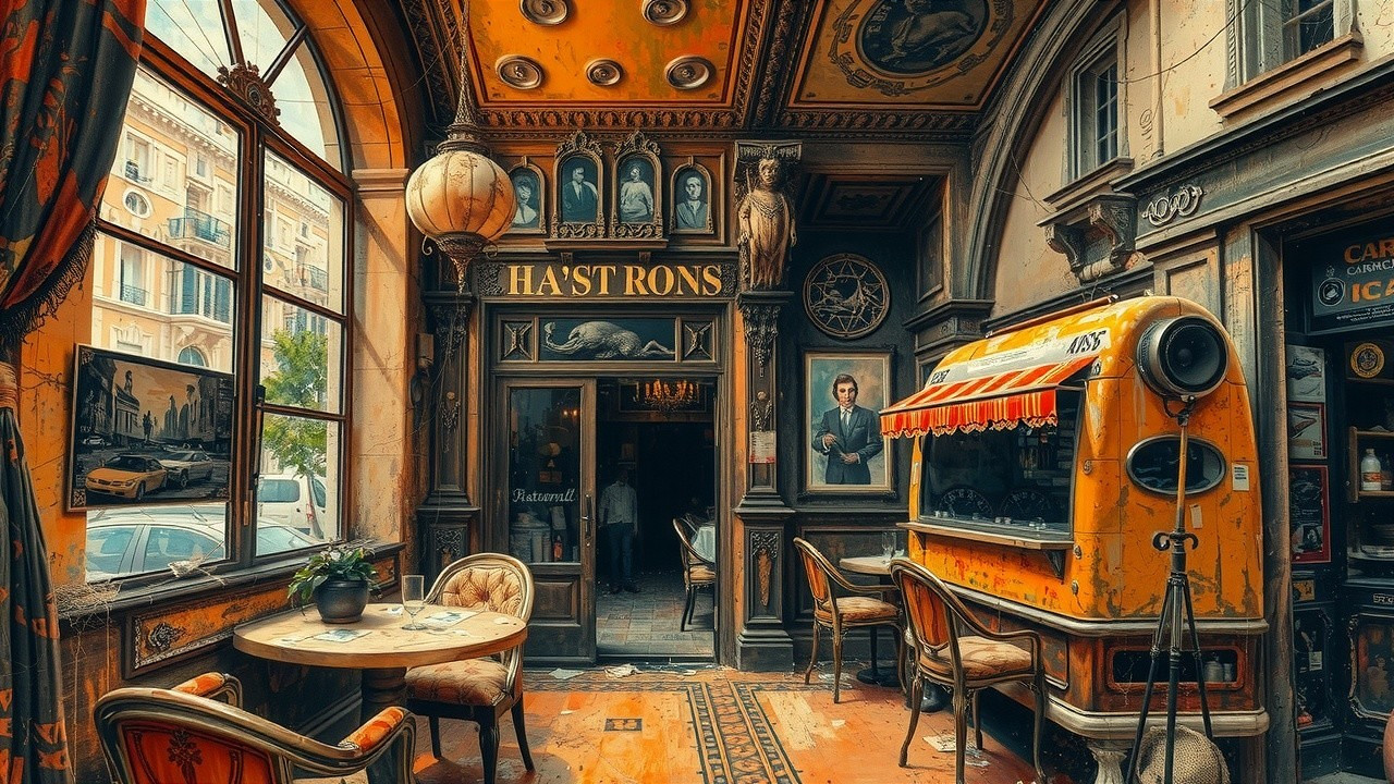 Vintage Café Interior with Ornate Decorations and Warmth